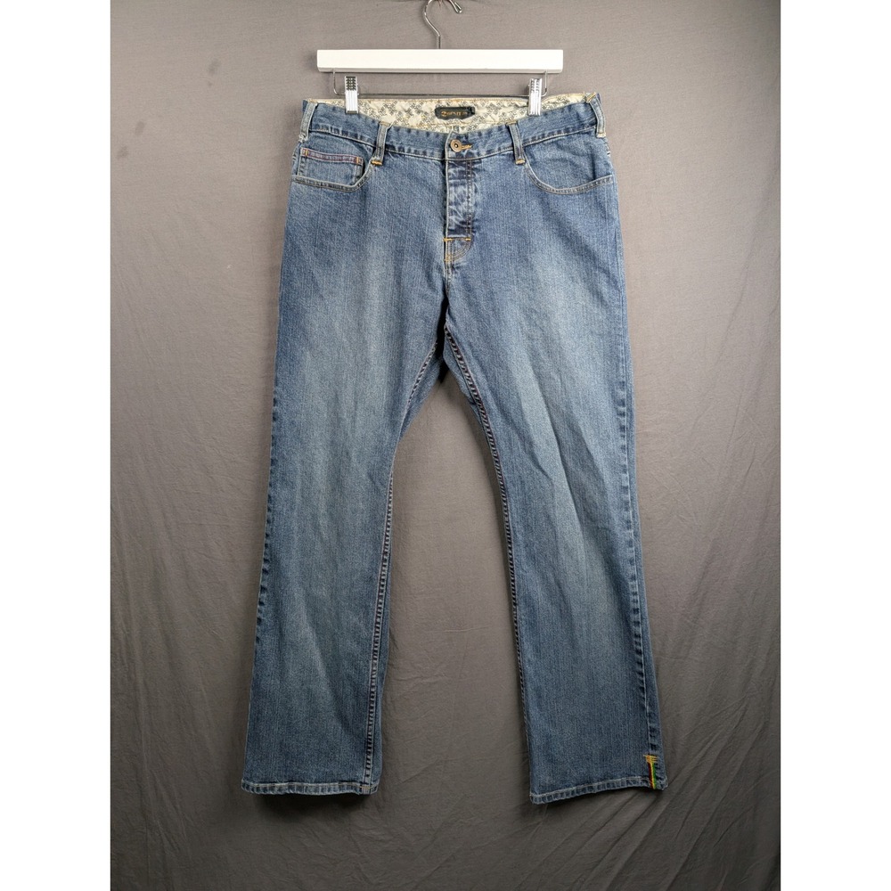 Split Mens Blue Denim Straight Leg Jeans Rasta‎ Stripe Size 38